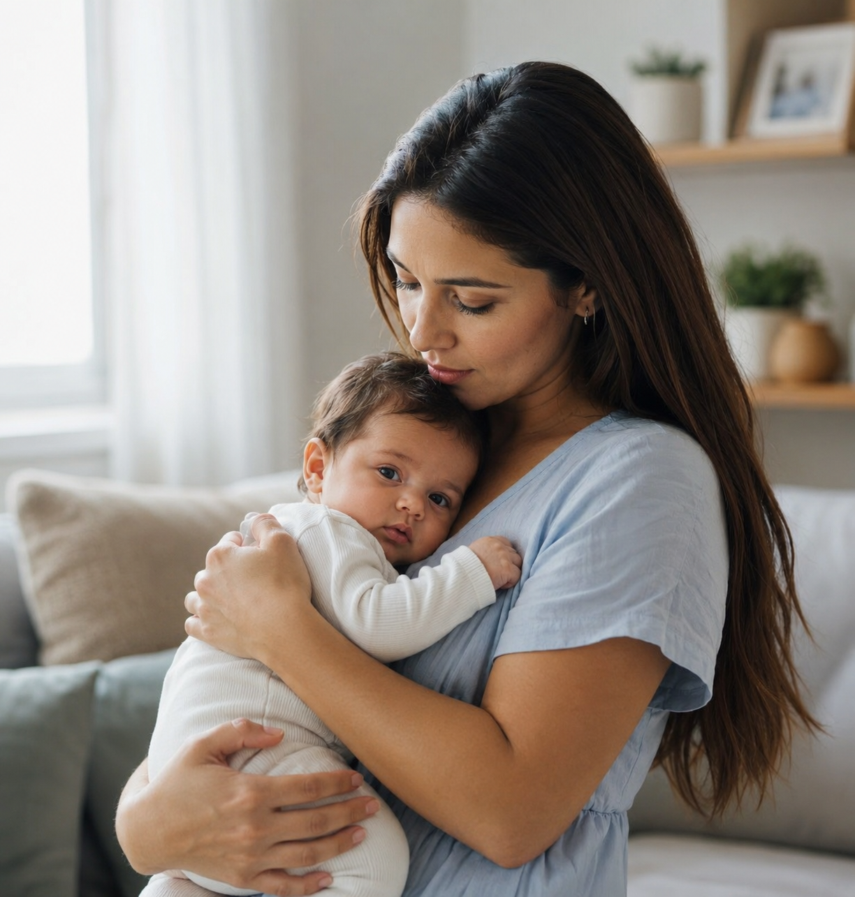 M&atilde;e segurando beb&ecirc; com aten&ccedil;&atilde;o e cuidado